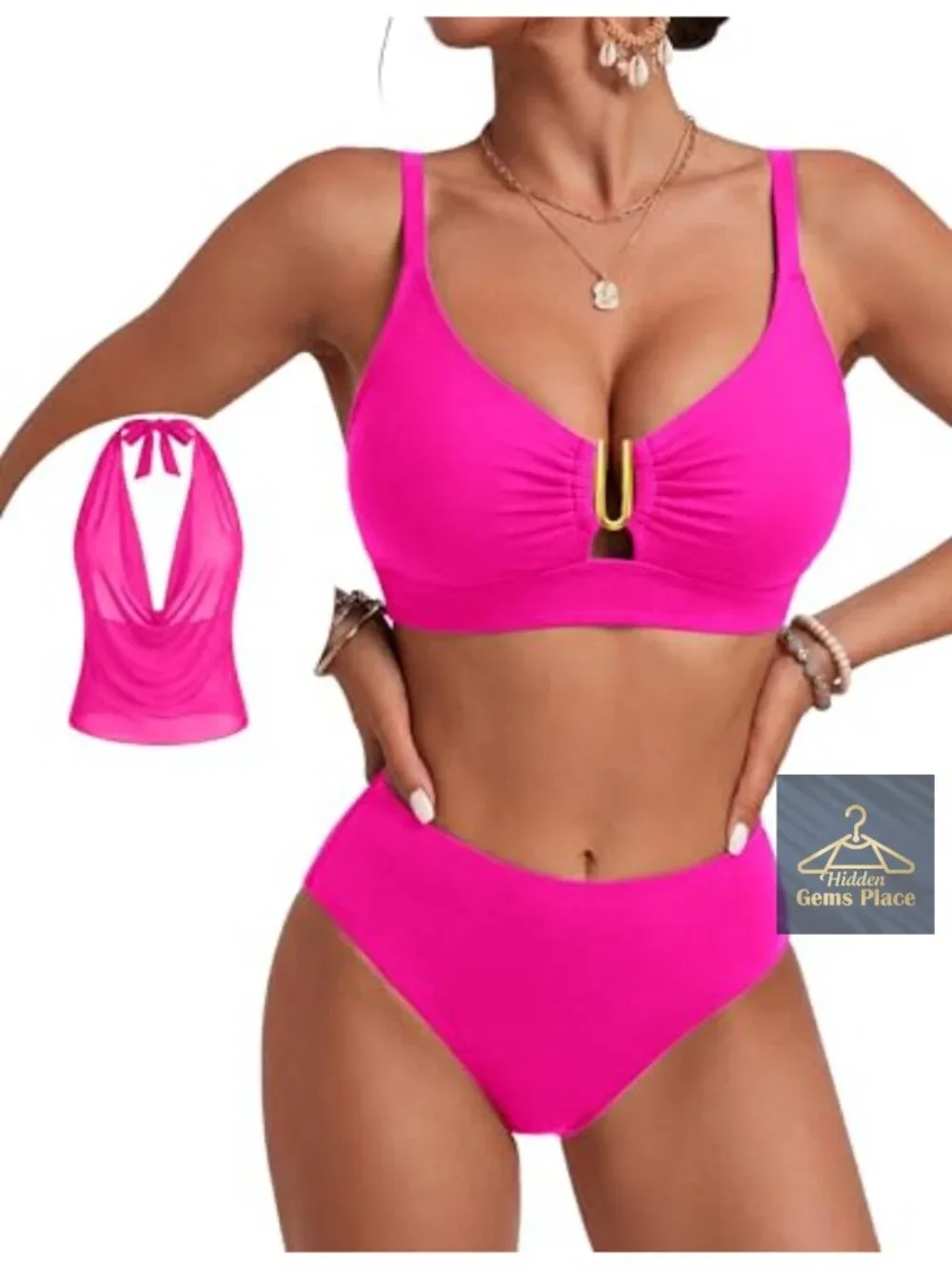 3 Piece Mesh Bikini Set with Removable Padding Adjustable Straps U-Wire